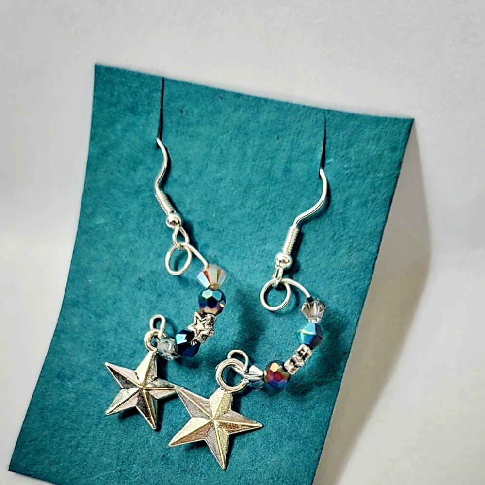 Glass iridescent faceted beads star charm dangle earrings.